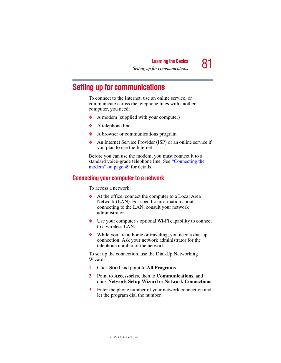 Setting up for communications, Connecting your computer to a network, Connecting your | Toshiba PORT User Manual | Page 81 / 243