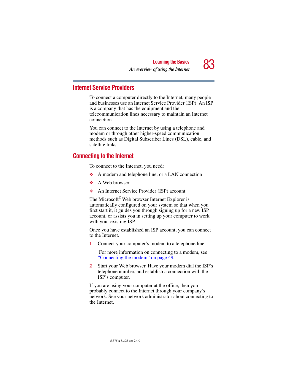 Internet service providers, Connecting to the internet | Toshiba PORT User Manual | Page 83 / 243