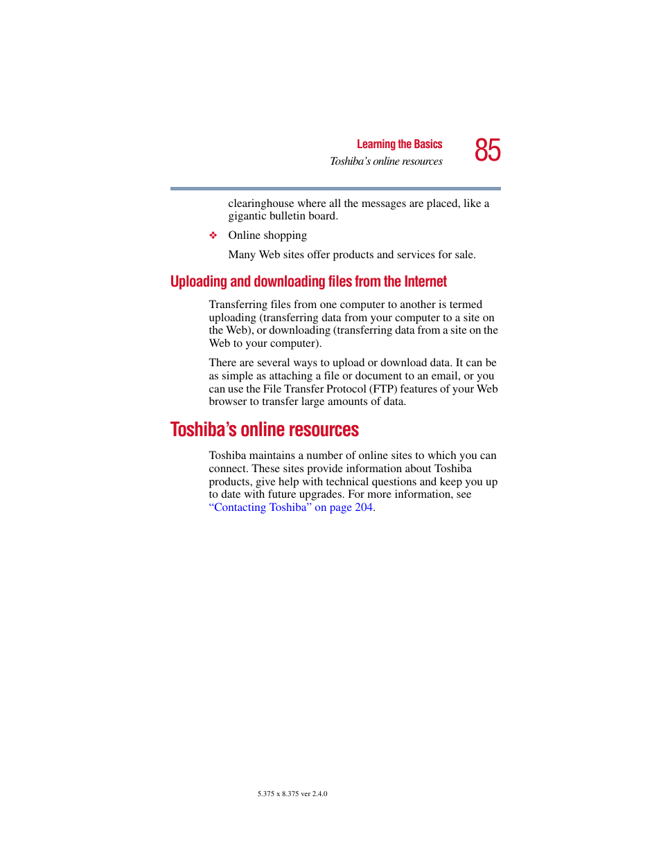 Uploading and downloading files from the internet, Toshiba’s online resources, Uploading and downloading files from | The internet | Toshiba PORT User Manual | Page 85 / 243