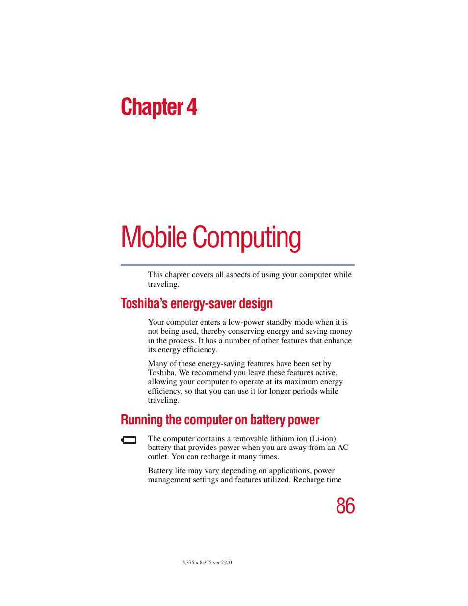 Chapter 4 - mobile computing, Toshiba’s energy-saver design, Running the computer on battery power | Chapter 4: mobile computing, Mobile computing, Chapter 4 | Toshiba PORT User Manual | Page 86 / 243