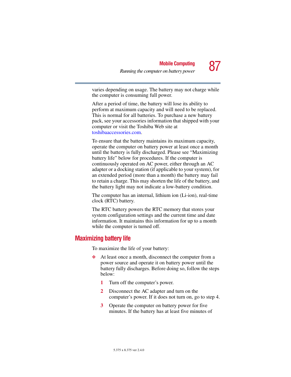 Maximizing battery life | Toshiba PORT User Manual | Page 87 / 243