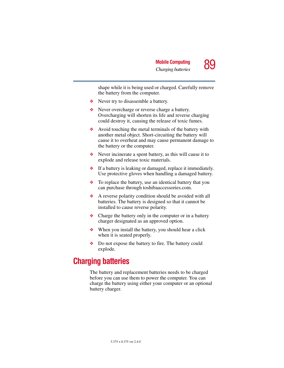 Charging batteries | Toshiba PORT User Manual | Page 89 / 243