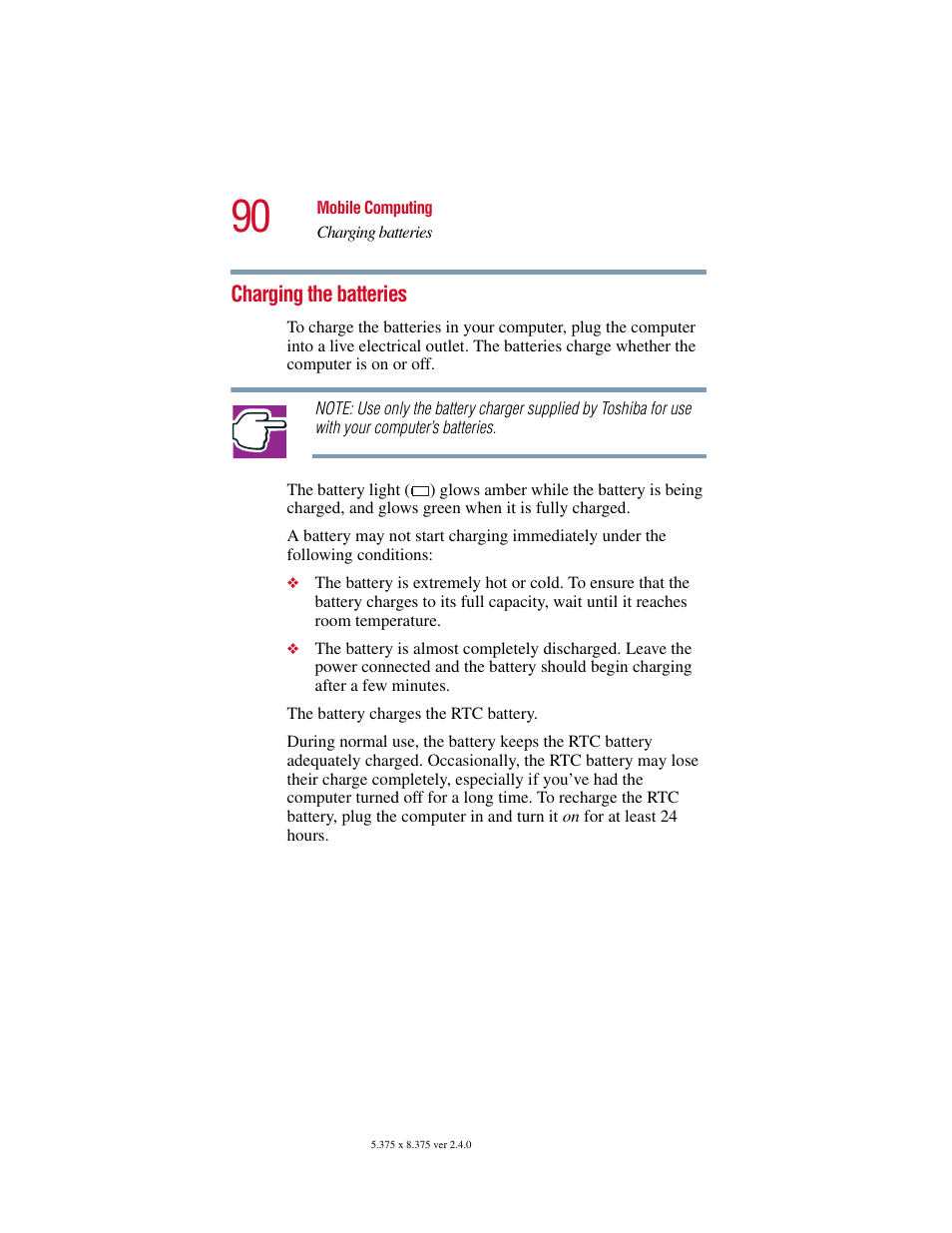 Charging the batteries | Toshiba PORT User Manual | Page 90 / 243