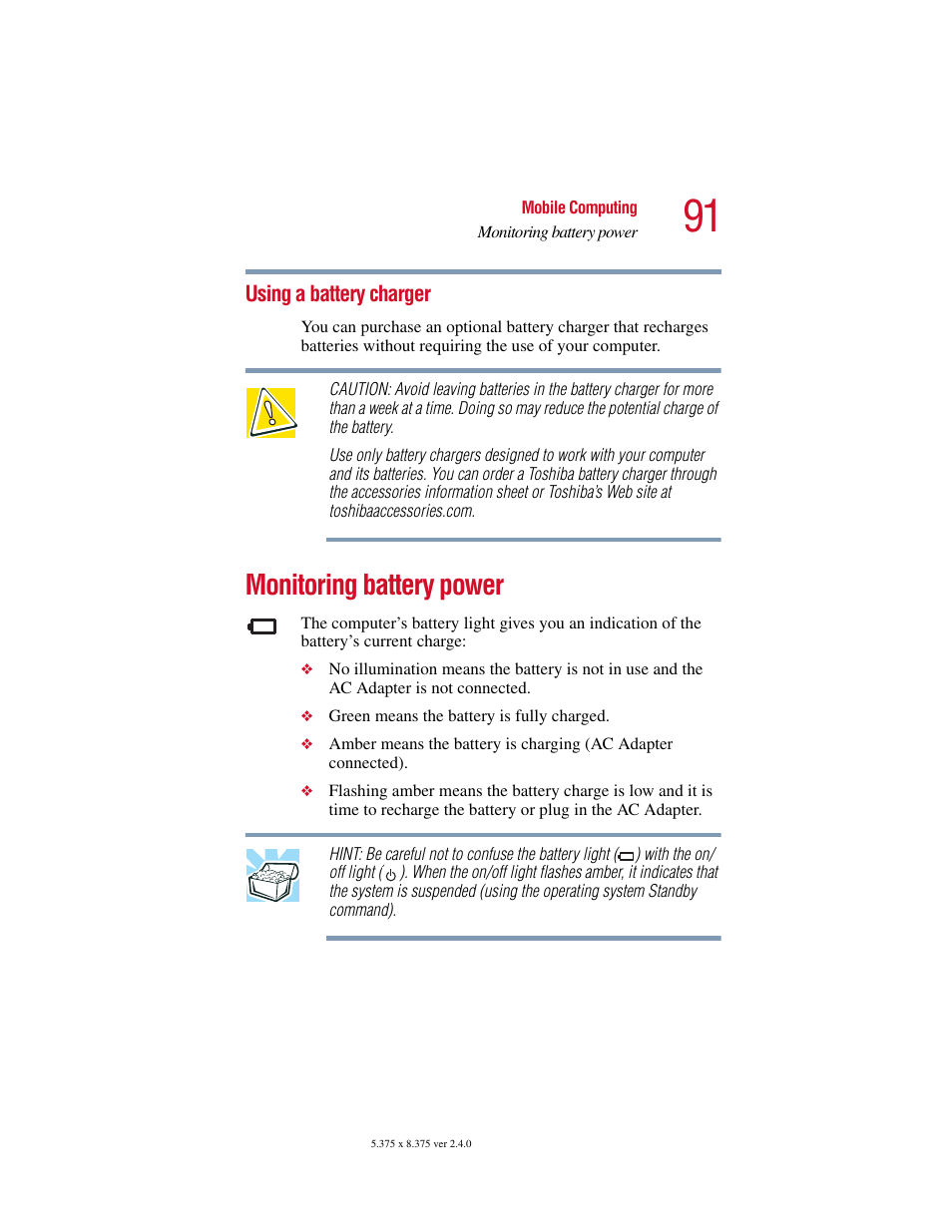 Using a battery charger, Monitoring battery power | Toshiba PORT User Manual | Page 91 / 243