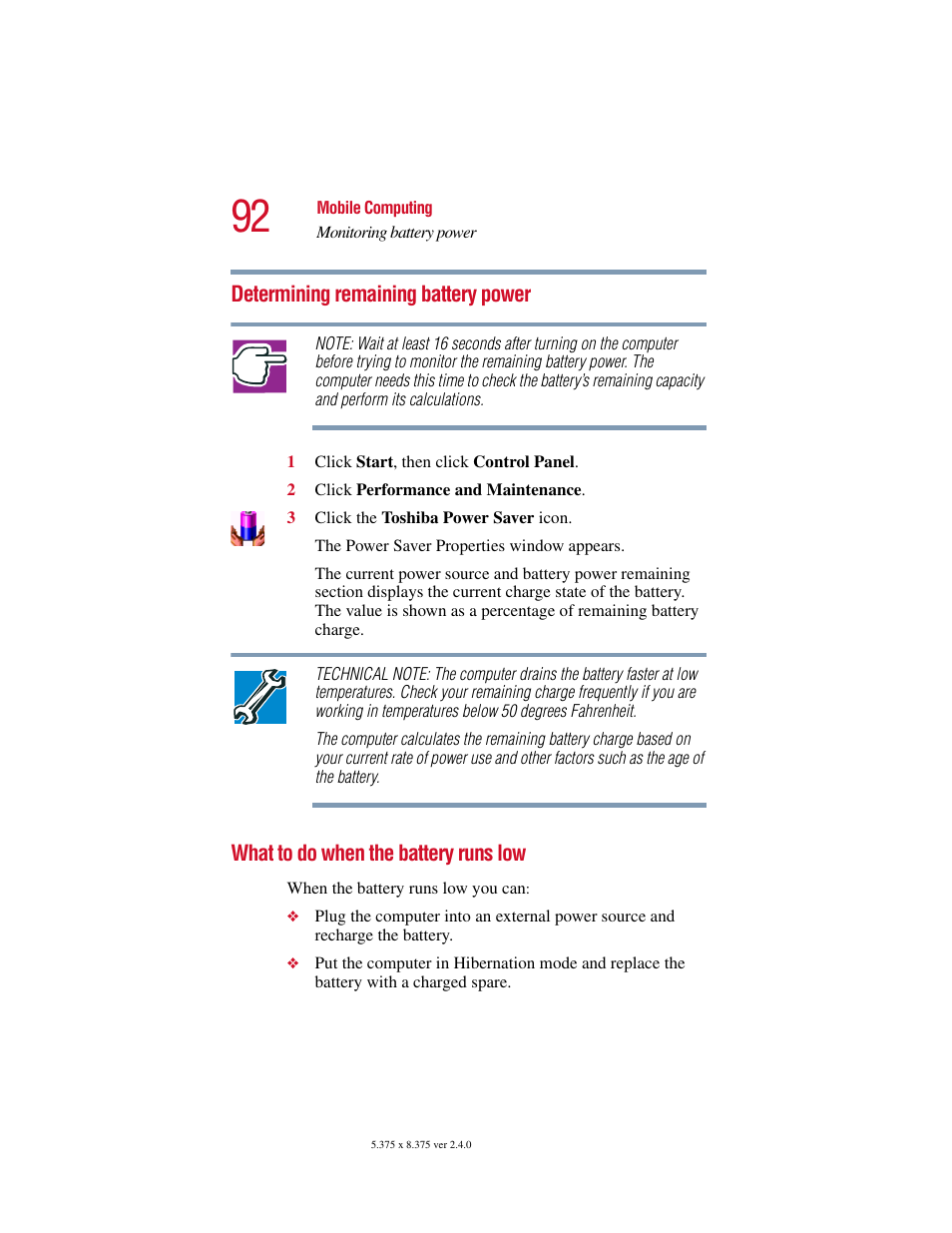 Determining remaining battery power, What to do when the battery runs low | Toshiba PORT User Manual | Page 92 / 243