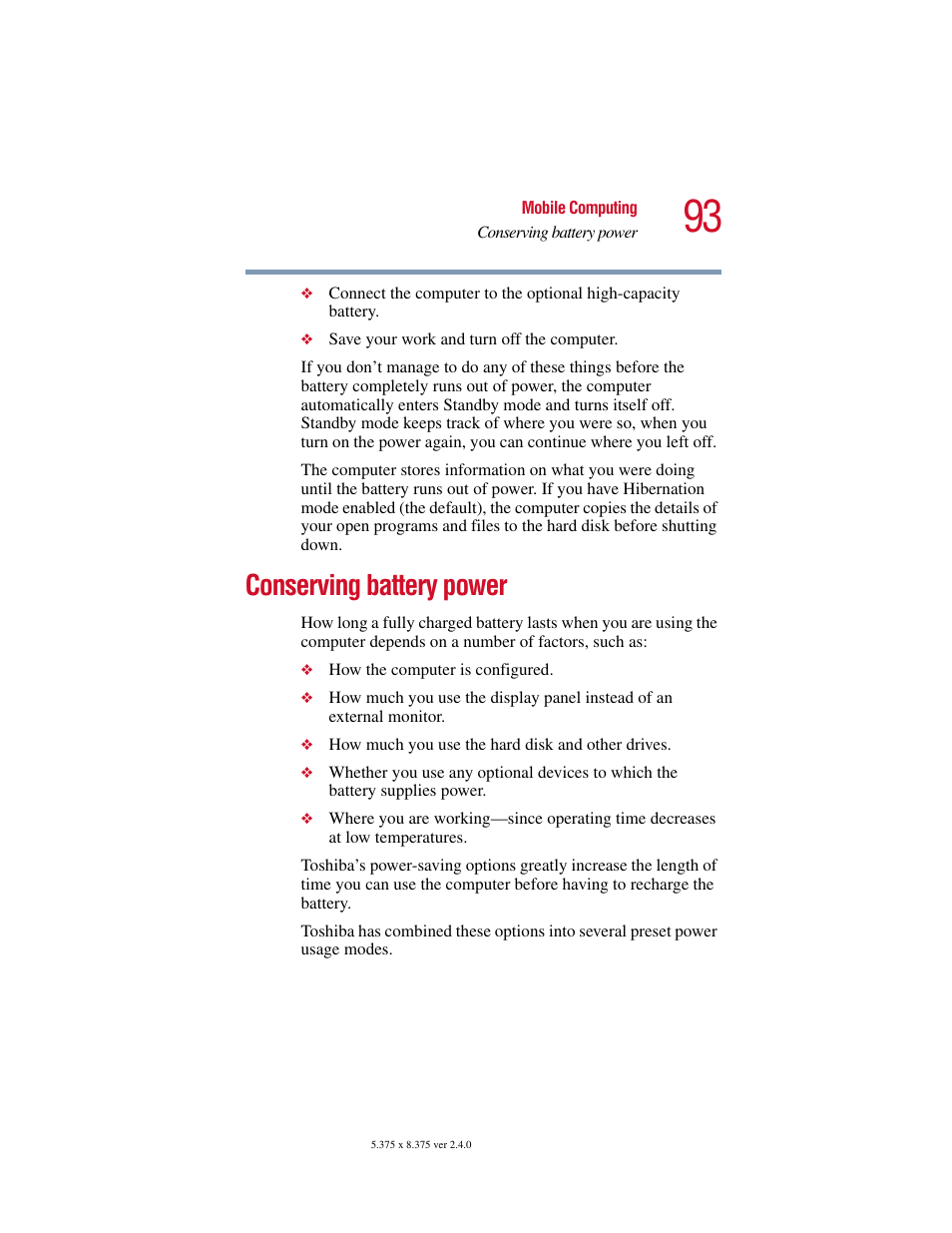 Conserving battery power | Toshiba PORT User Manual | Page 93 / 243