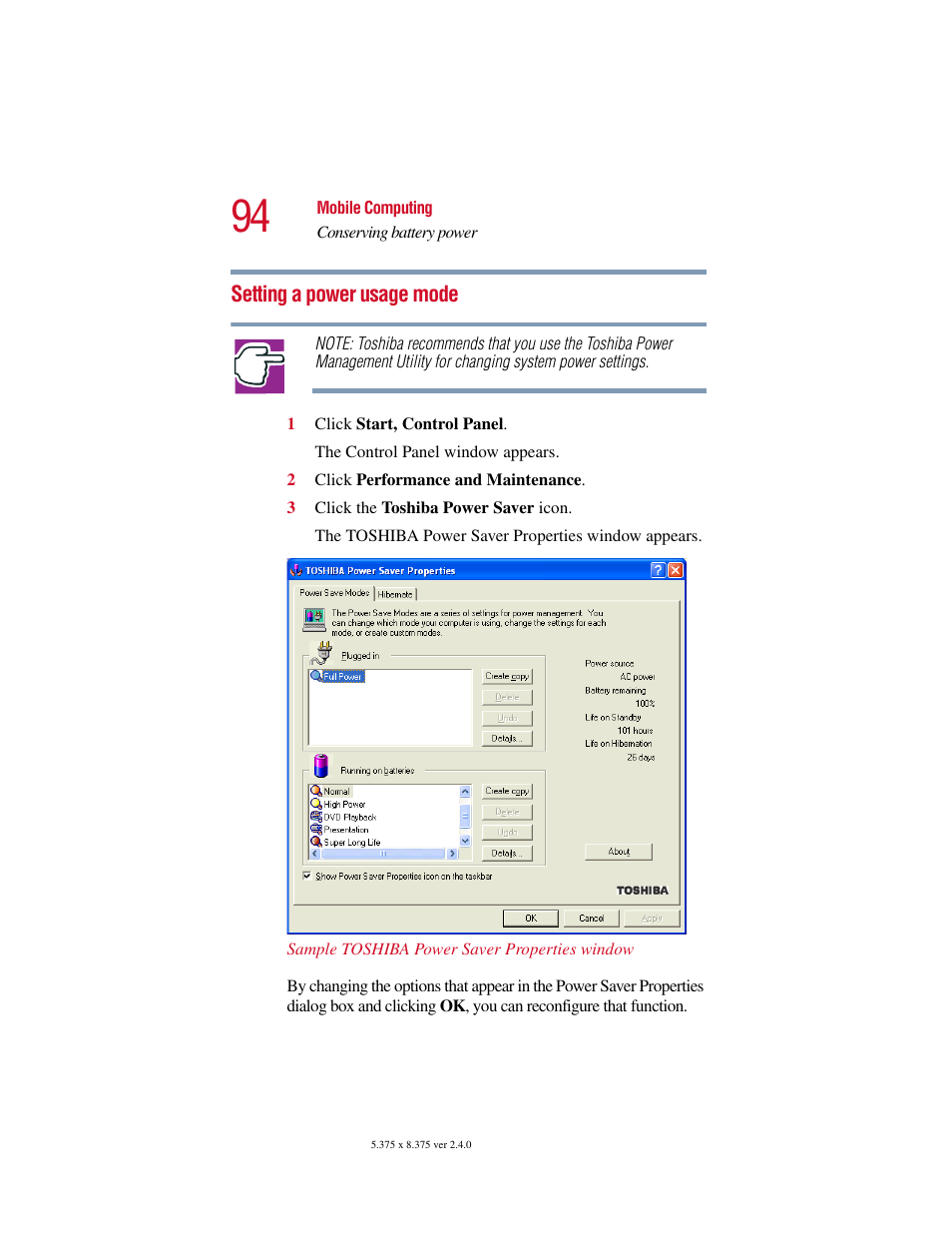 Setting a power usage mode | Toshiba PORT User Manual | Page 94 / 243