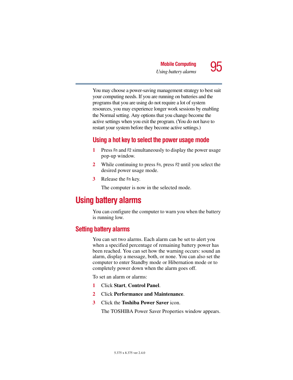 Using battery alarms, Setting battery alarms | Toshiba PORT User Manual | Page 95 / 243