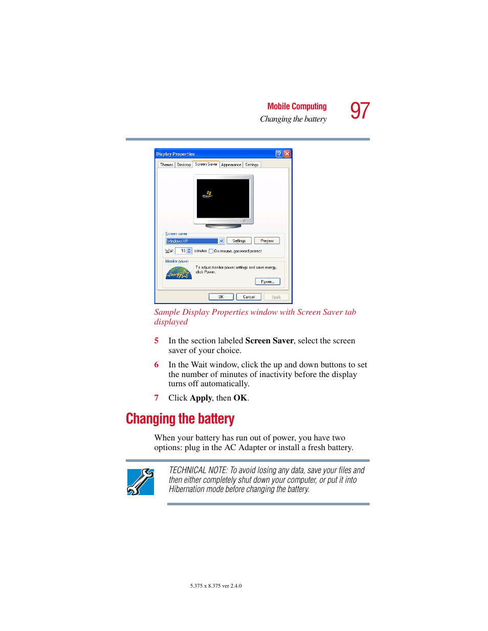 Changing the battery | Toshiba PORT User Manual | Page 97 / 243