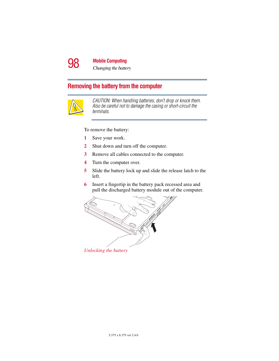 Removing the battery from the computer | Toshiba PORT User Manual | Page 98 / 243