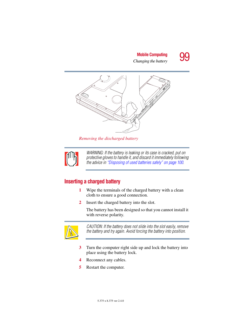 Inserting a charged battery | Toshiba PORT User Manual | Page 99 / 243