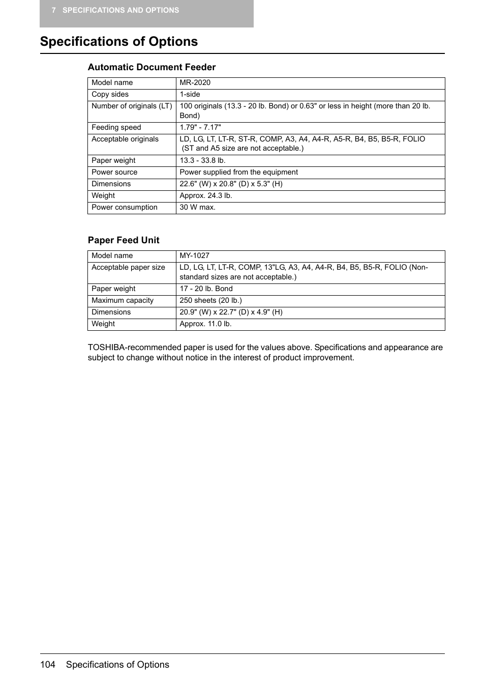 Specifications of options | Toshiba Printer DP-1810 User Manual | Page 106 / 110