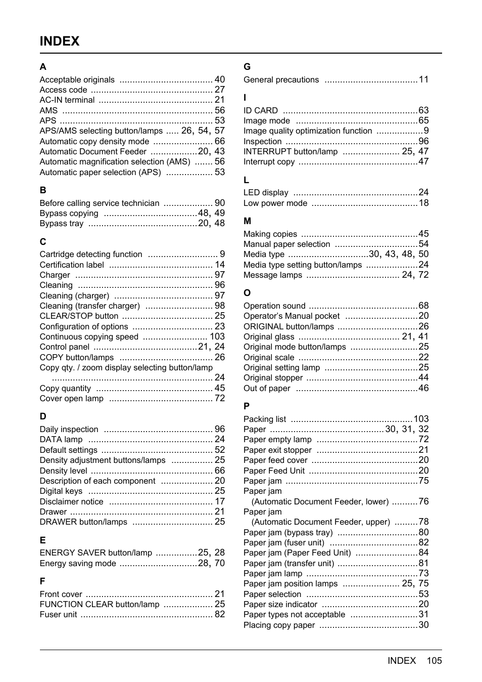 Index | Toshiba Printer DP-1810 User Manual | Page 107 / 110