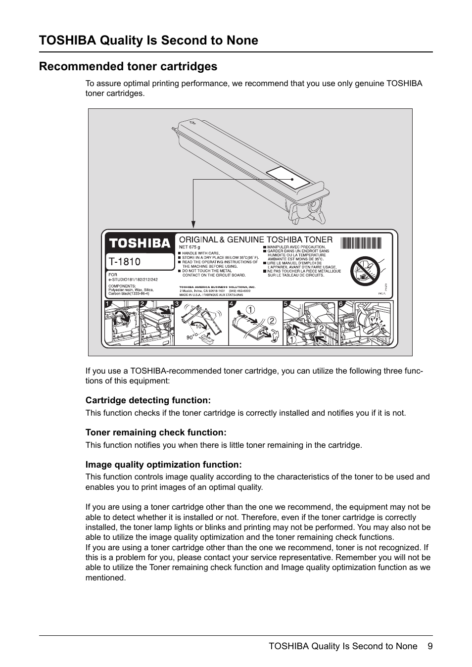 Toshiba quality is second to none, Recommended toner cartridges | Toshiba Printer DP-1810 User Manual | Page 11 / 110