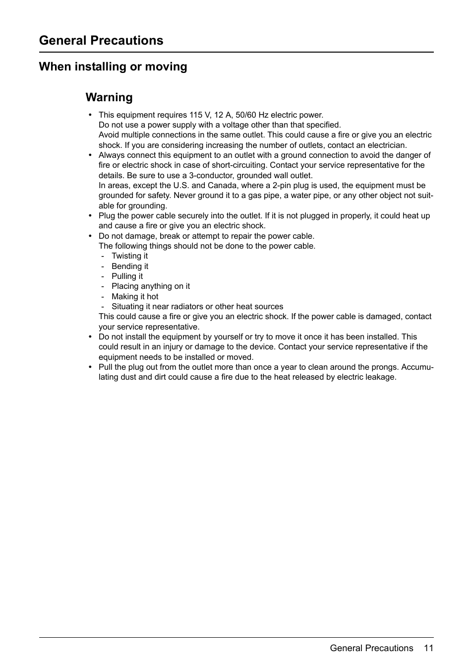 General precautions, When installing or moving, When installing or moving warning | Toshiba Printer DP-1810 User Manual | Page 13 / 110
