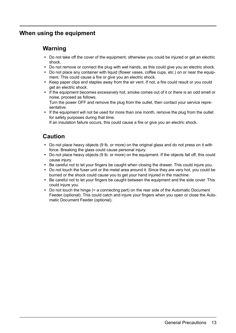 When using the equipment, When using the equipment warning, Caution | Toshiba Printer DP-1810 User Manual | Page 15 / 110