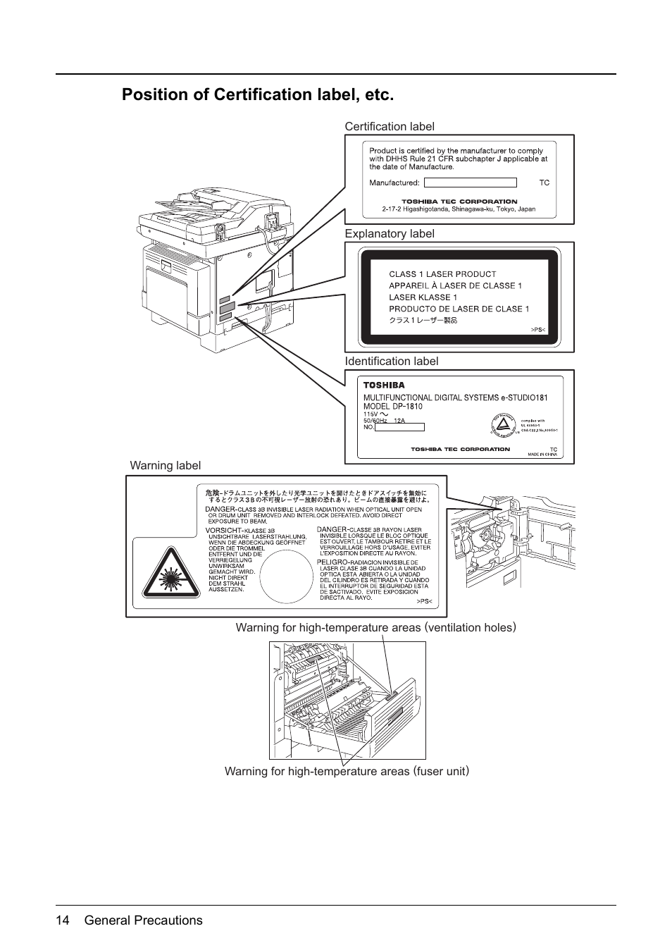 Position of certification label, etc | Toshiba Printer DP-1810 User Manual | Page 16 / 110