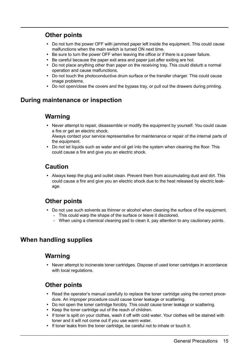 During maintenance or inspection, When handling supplies, Other points | During maintenance or inspection warning, Caution, When handling supplies warning | Toshiba Printer DP-1810 User Manual | Page 17 / 110