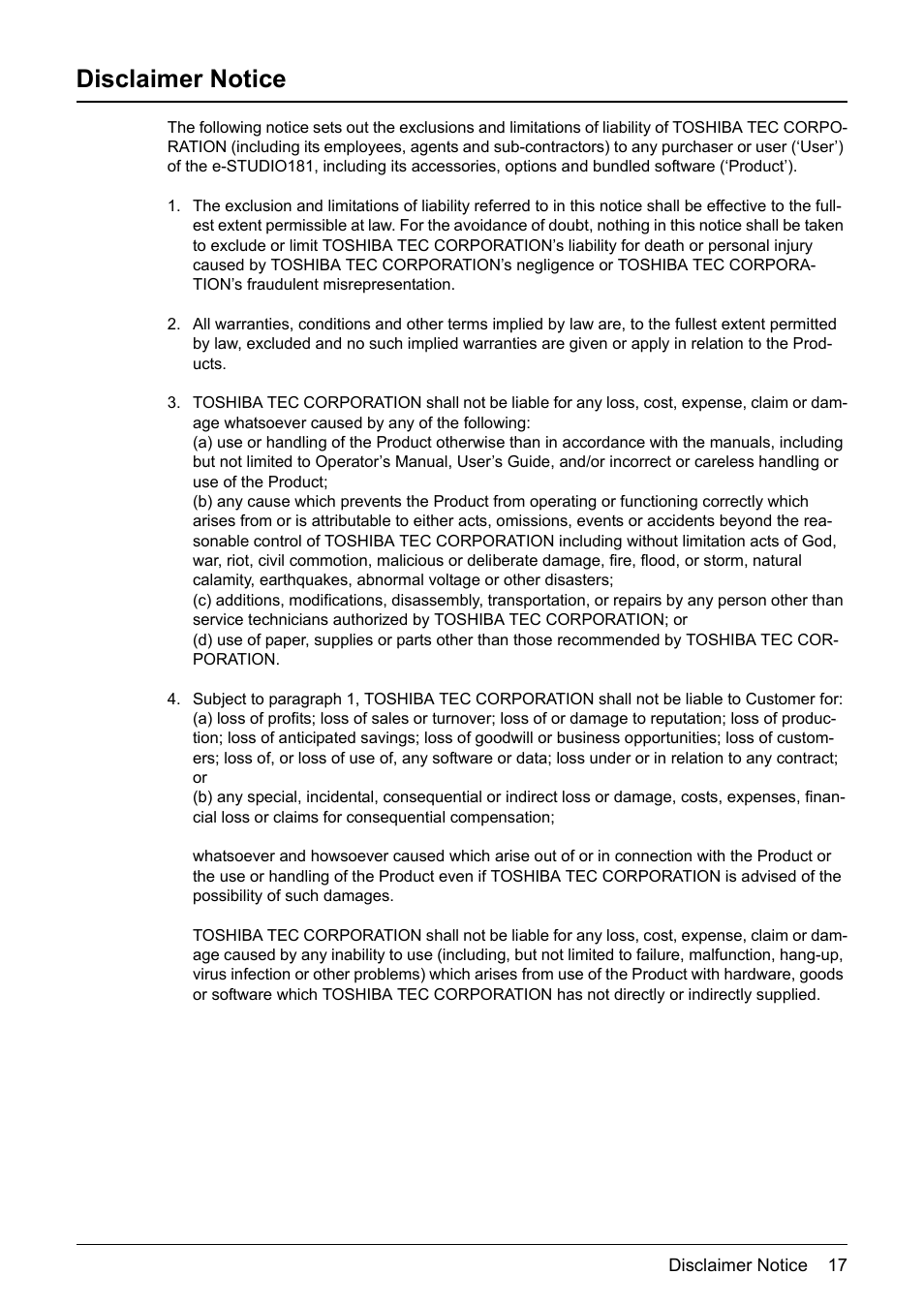 Disclaimer notice | Toshiba Printer DP-1810 User Manual | Page 19 / 110