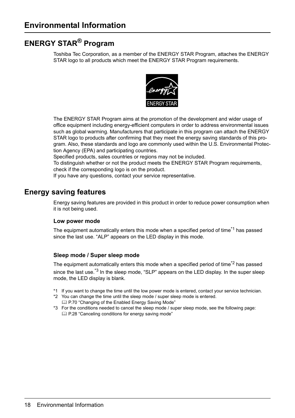 Environmental information, Energy star® program, Energy saving features | Energy star, Program | Toshiba Printer DP-1810 User Manual | Page 20 / 110