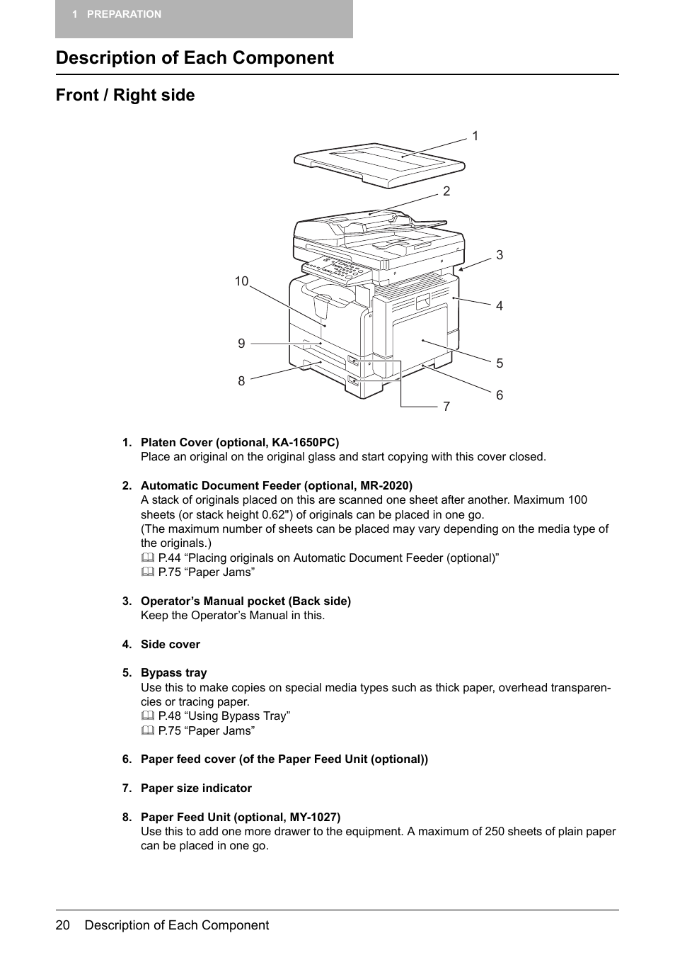 Description of each component, Front / right side | Toshiba Printer DP-1810 User Manual | Page 22 / 110