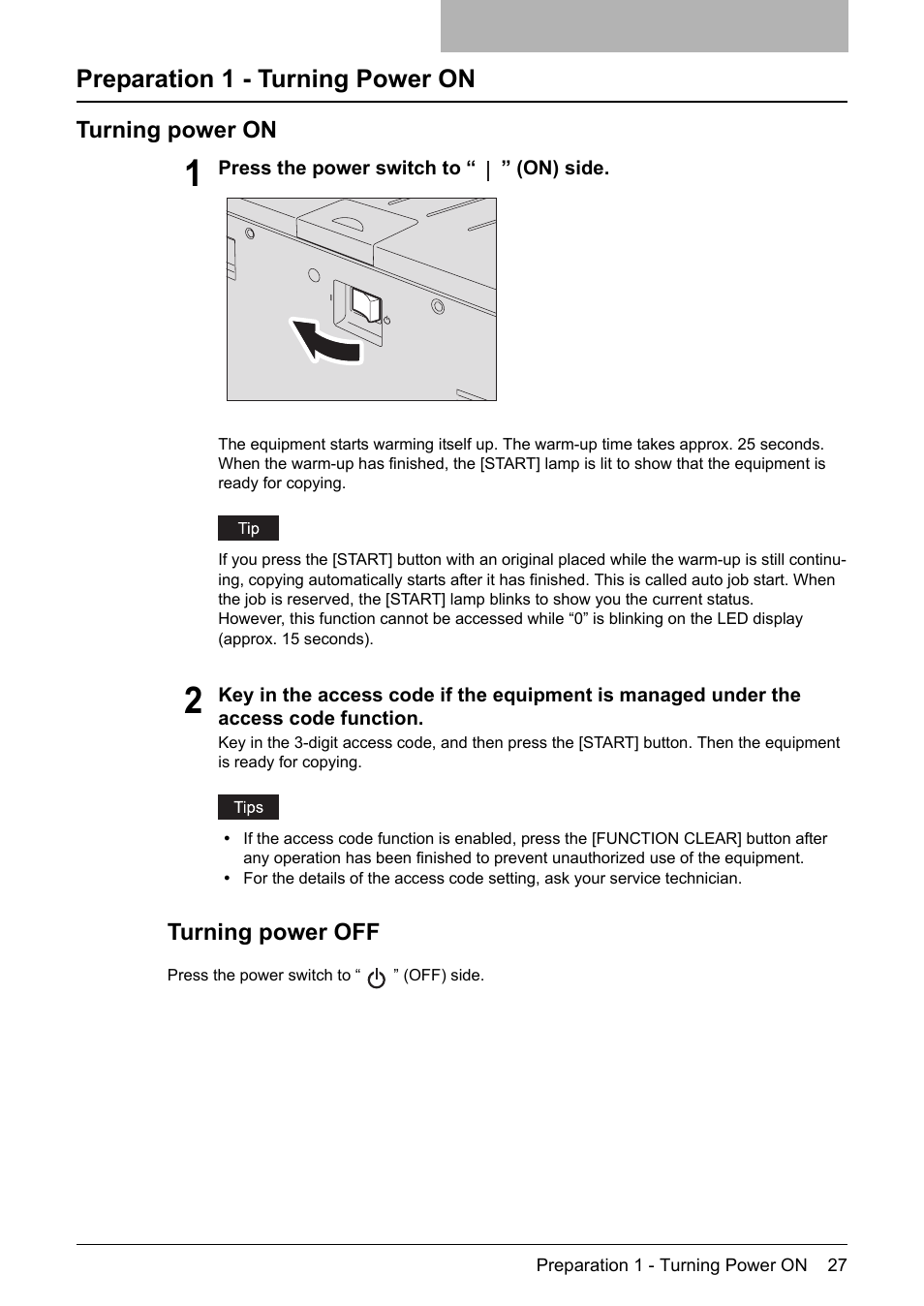 Preparation 1 - turning power on, Turning power on, P.27 “preparation 1 - turning power on | Toshiba Printer DP-1810 User Manual | Page 29 / 110