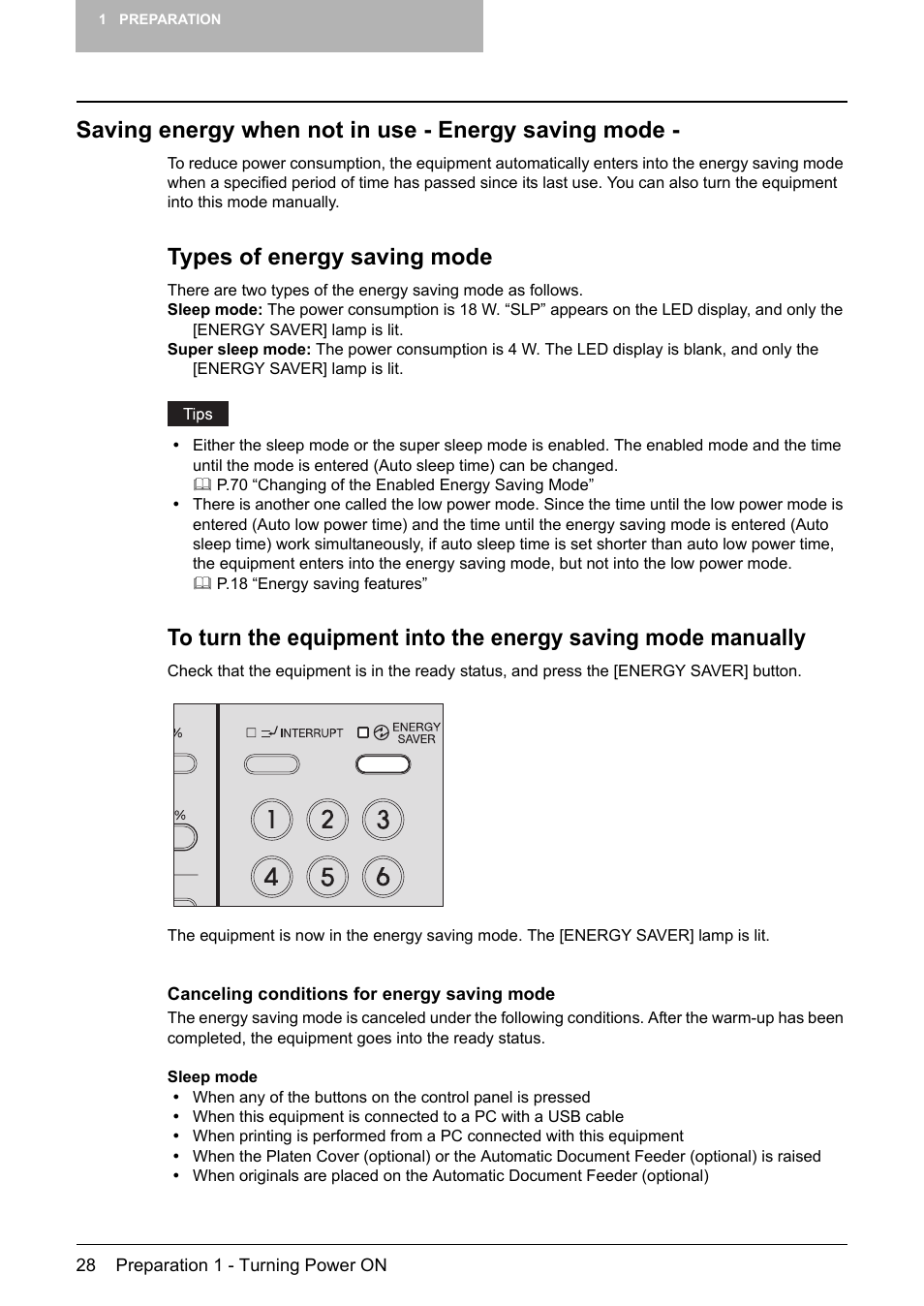 Saving energy when not in use - energy saving mode, P.28 “canceling conditions for energy saving mode, Types of energy saving mode | Toshiba Printer DP-1810 User Manual | Page 30 / 110