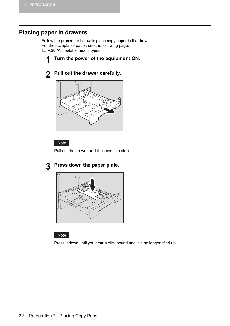Placing paper in drawers | Toshiba Printer DP-1810 User Manual | Page 34 / 110