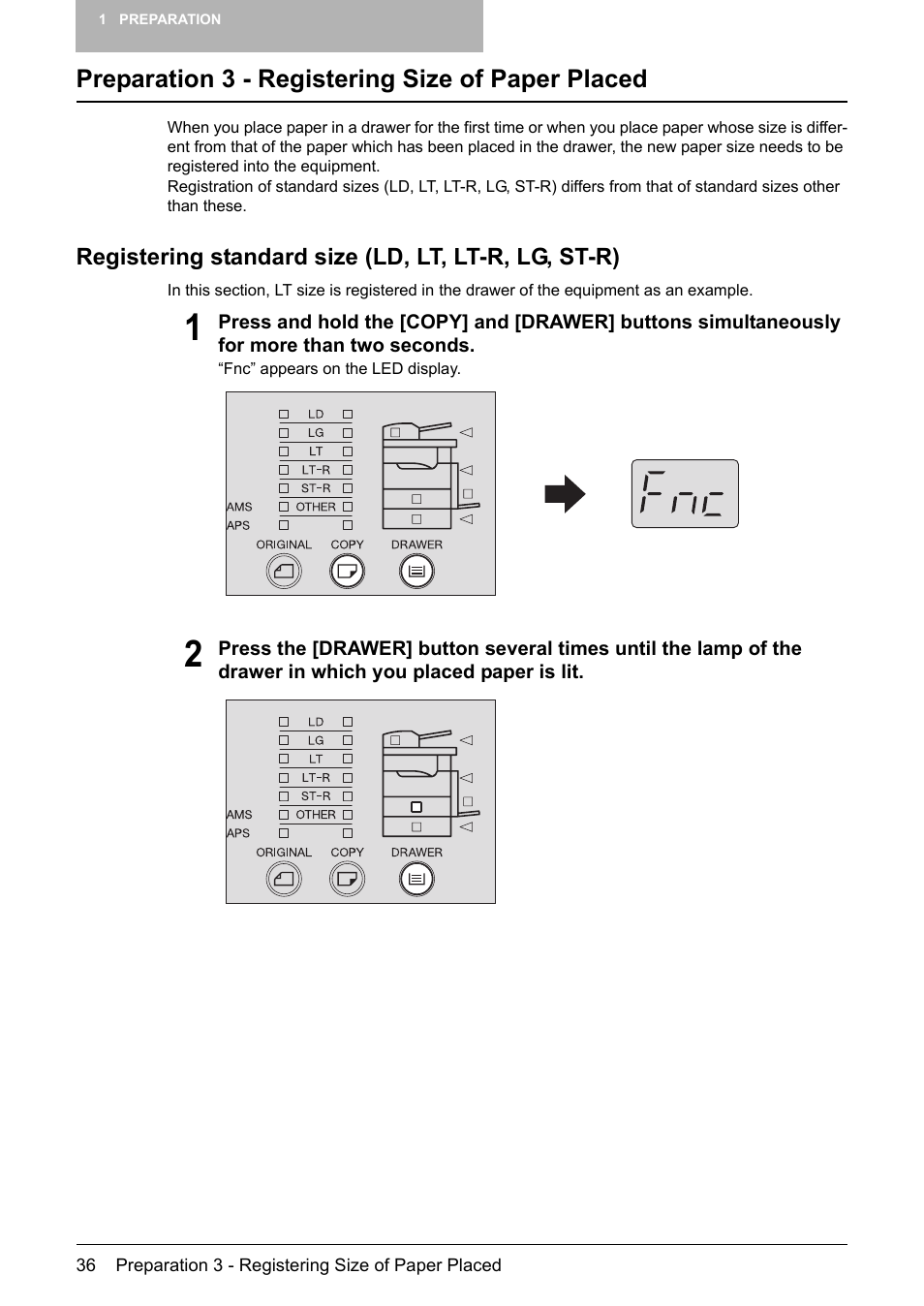 Preparation 3 - registering size of paper placed, Registering standard size (ld, lt, lt-r, lg, st-r) | Toshiba Printer DP-1810 User Manual | Page 38 / 110