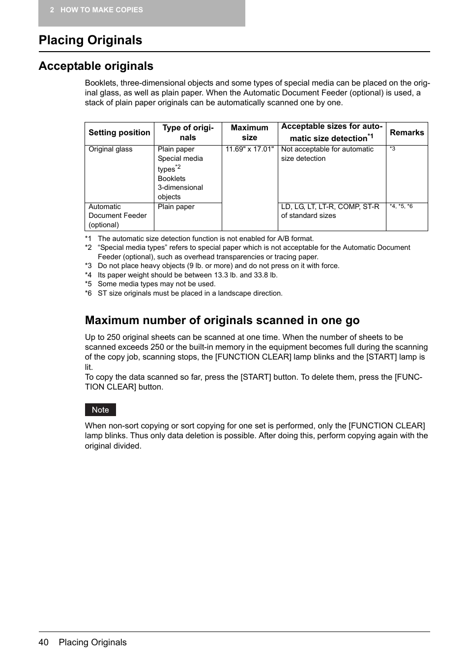 Placing originals, Acceptable originals, P.40 “placing originals | Maximum number of originals scanned in one go | Toshiba Printer DP-1810 User Manual | Page 42 / 110