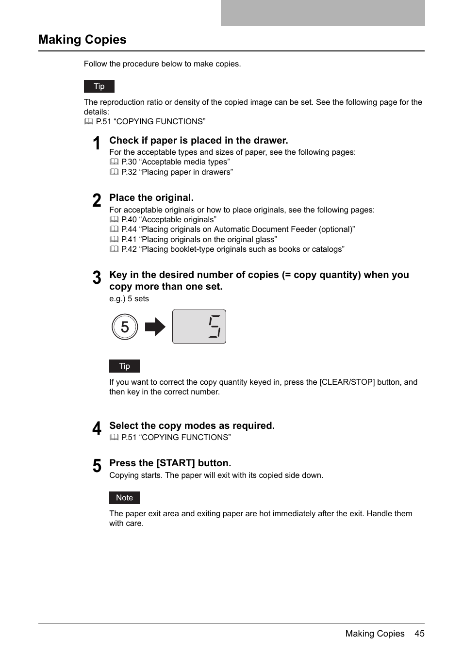 Making copies, P.45 “making copies | Toshiba Printer DP-1810 User Manual | Page 47 / 110