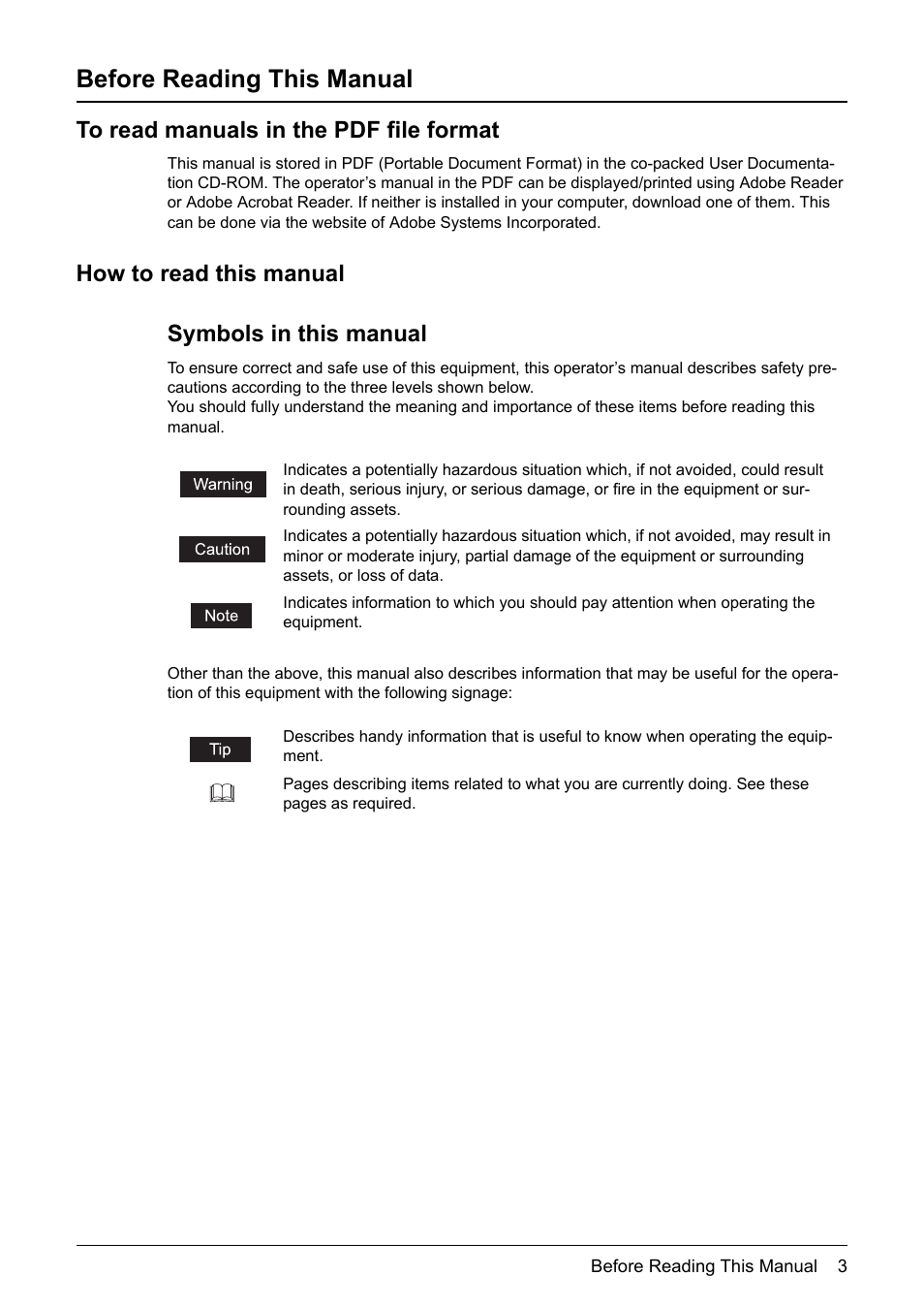 Before reading this manual, To read manuals in the pdf file format, How to read this manual | How to read this manual symbols in this manual | Toshiba Printer DP-1810 User Manual | Page 5 / 110
