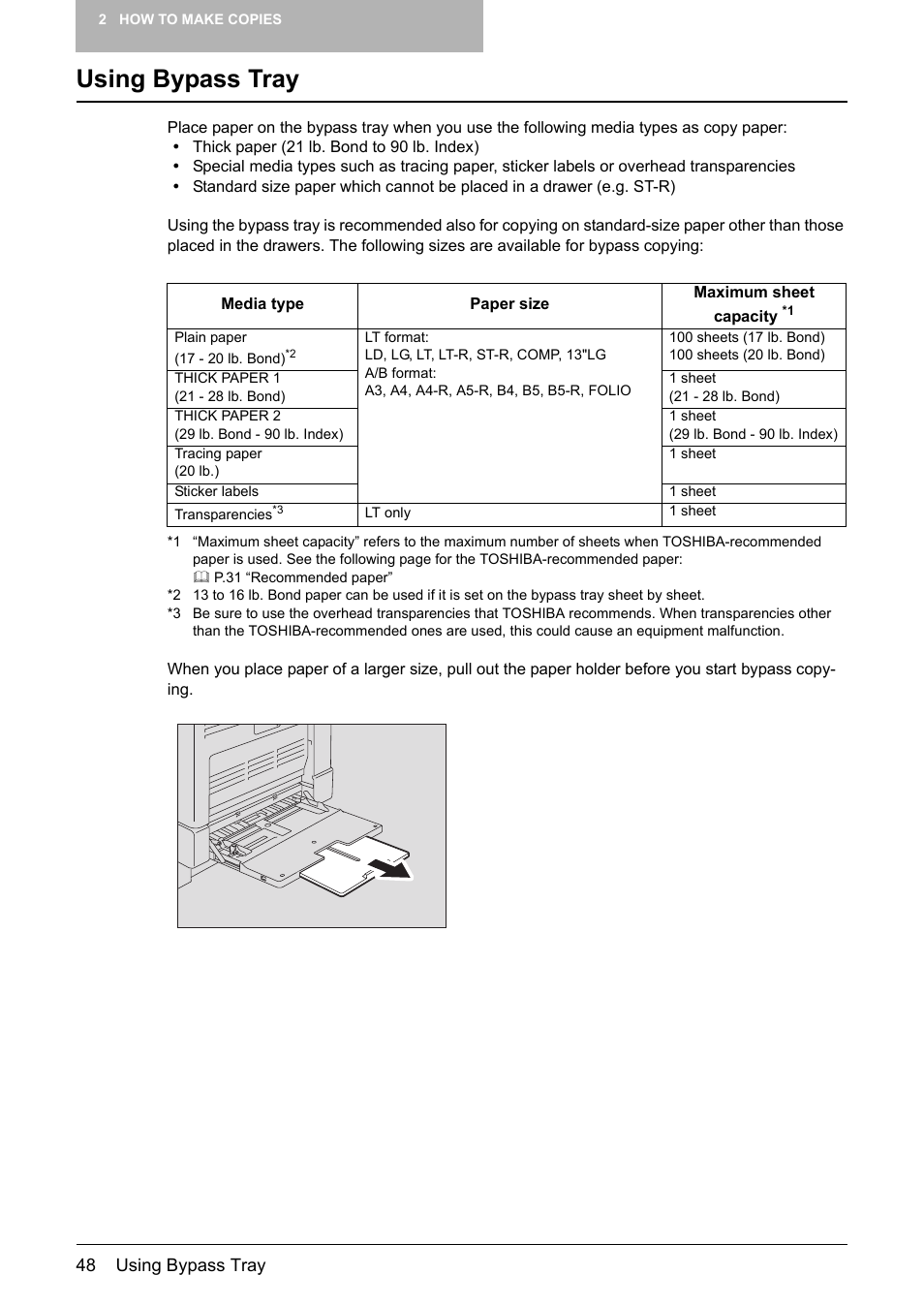 Using bypass tray, P.48 “using bypass tray | Toshiba Printer DP-1810 User Manual | Page 50 / 110