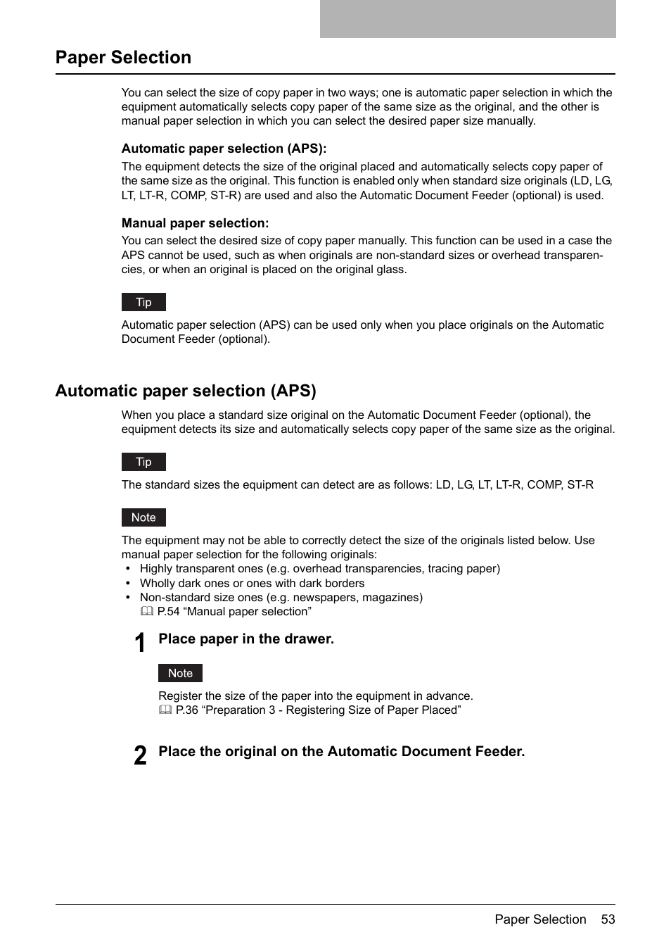 Paper selection, Automatic paper selection (aps), P.53 “paper selection | Toshiba Printer DP-1810 User Manual | Page 55 / 110