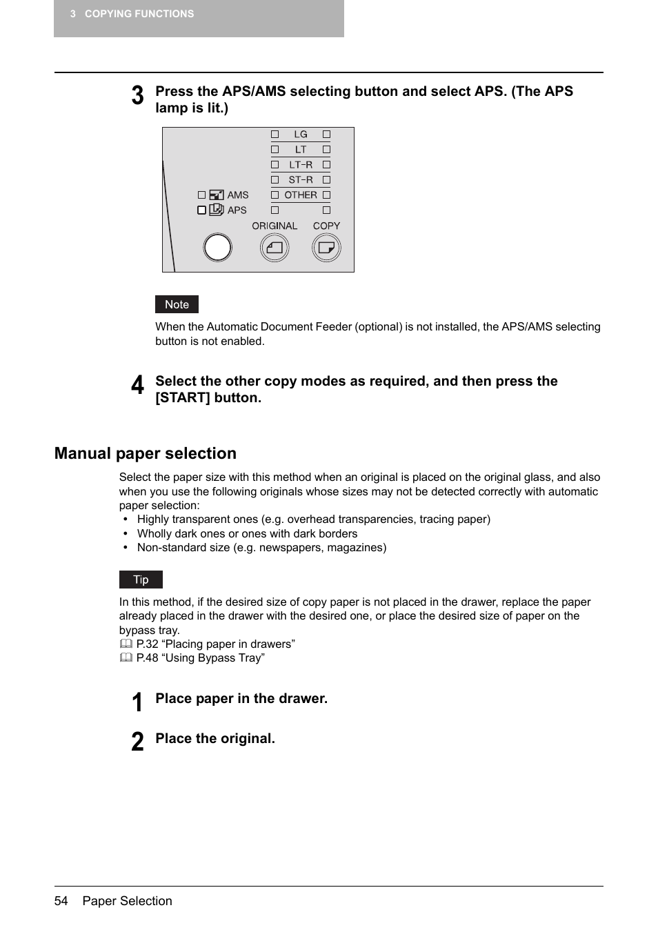 Manual paper selection, P.54 “manual paper selection | Toshiba Printer DP-1810 User Manual | Page 56 / 110
