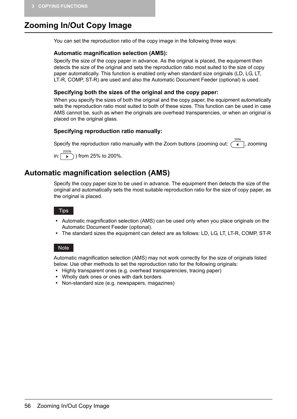 Zooming in/out copy image, Automatic magnification selection (ams), P.56 “zooming in/out copy image | P.56 “automatic magnification selection (ams) | Toshiba Printer DP-1810 User Manual | Page 58 / 110