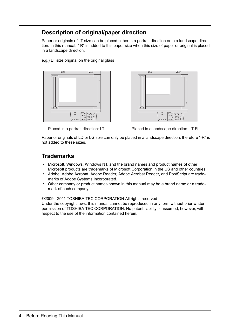 Description of original/paper direction, Trademarks | Toshiba Printer DP-1810 User Manual | Page 6 / 110