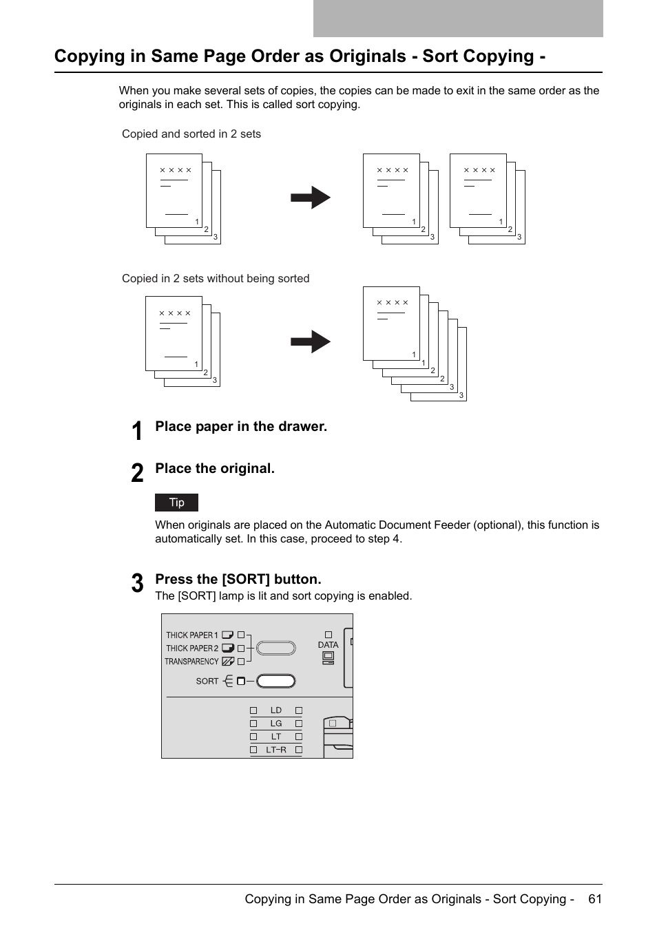 Place paper in the drawer, Place the original, Press the [sort] button | Toshiba Printer DP-1810 User Manual | Page 63 / 110