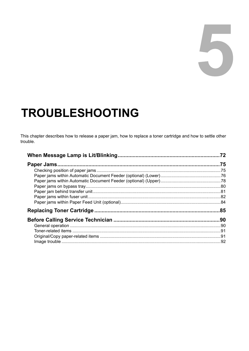 Troubleshooting, Chapter 5 | Toshiba Printer DP-1810 User Manual | Page 73 / 110