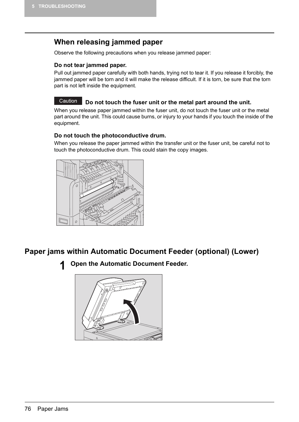 P.76, When releasing jammed paper | Toshiba Printer DP-1810 User Manual | Page 78 / 110