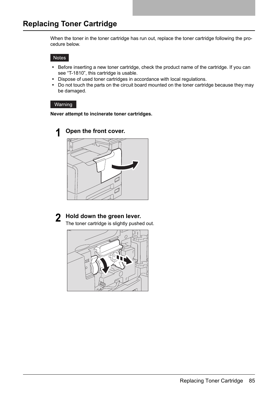 Replacing toner cartridge, P.85 “replacing toner cartridge | Toshiba Printer DP-1810 User Manual | Page 87 / 110