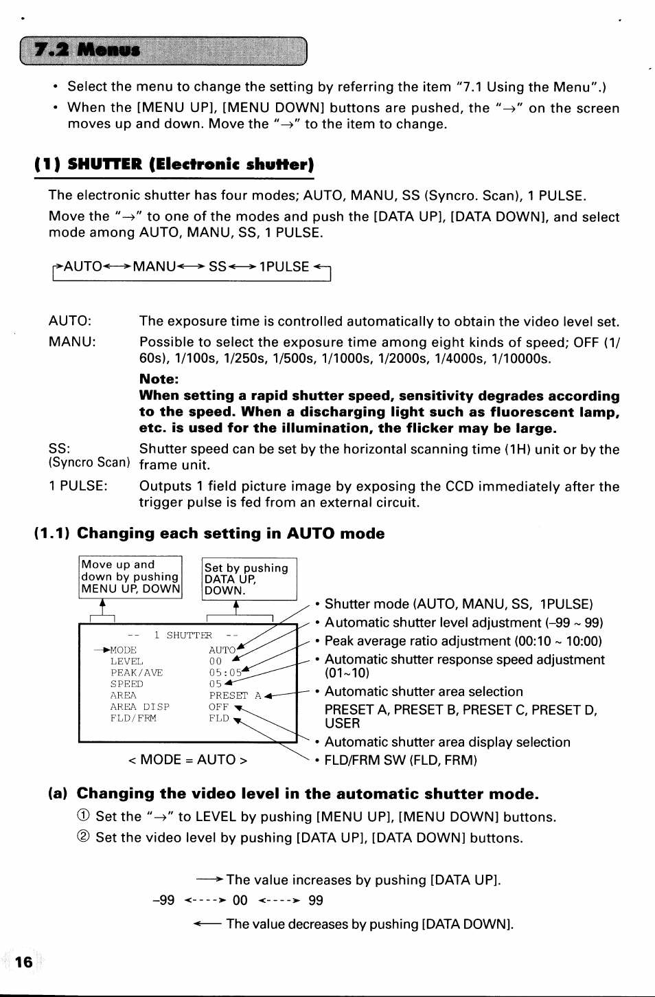 1) shutter (electronic shuher), Manu- ss | Toshiba IK-TU40A User Manual | Page 16 / 31