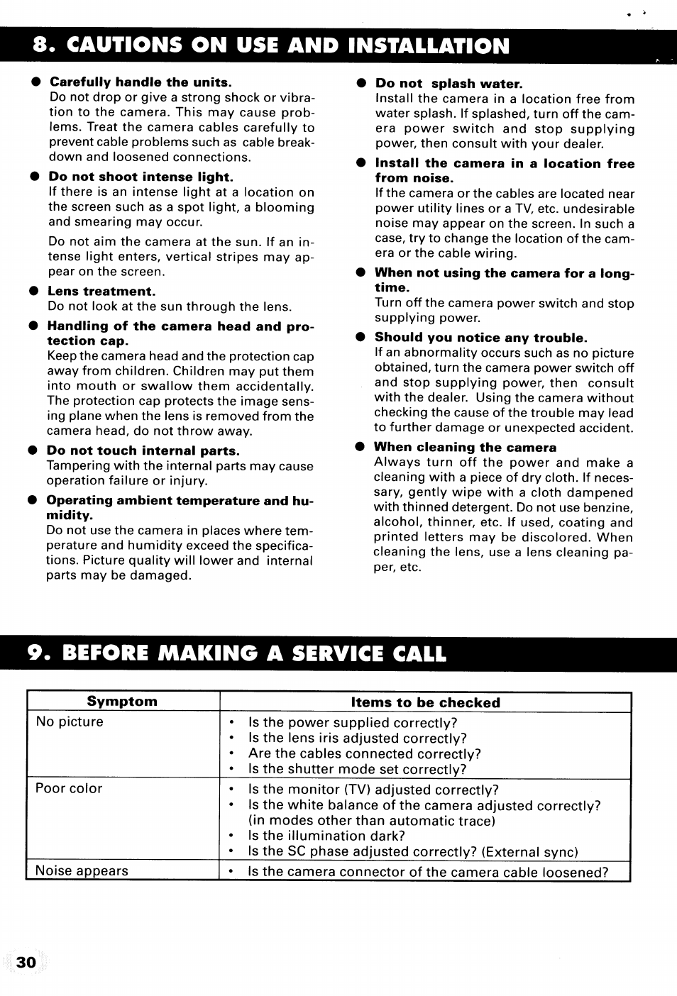 Cautions on use and installation, Before making a service call | Toshiba IK-TU40A User Manual | Page 30 / 31