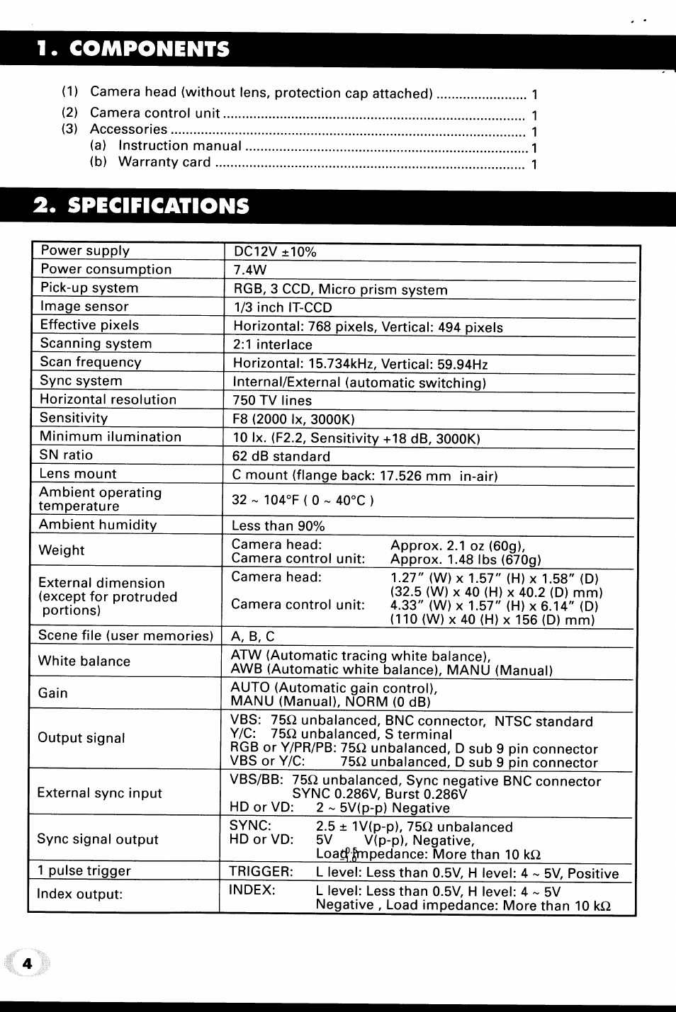 Components, Specifications | Toshiba IK-TU40A User Manual | Page 4 / 31