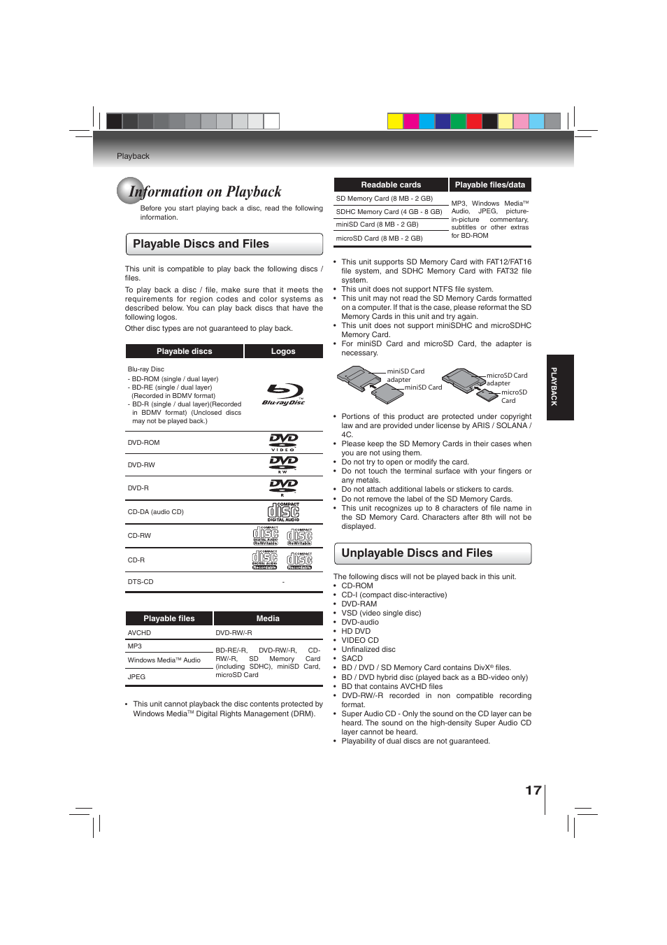 Information on playback | Toshiba BDX3000KU User Manual | Page 17 / 64