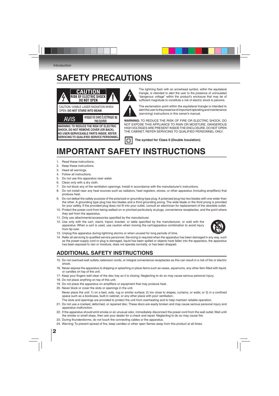 Safety precautions, Important safety instructions, Avis | Additional safety instructions | Toshiba BDX3000KU User Manual | Page 2 / 64