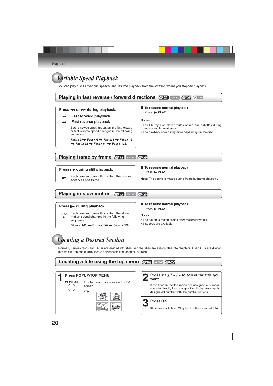 Variable speed playback | Toshiba BDX3000KU User Manual | Page 20 / 64