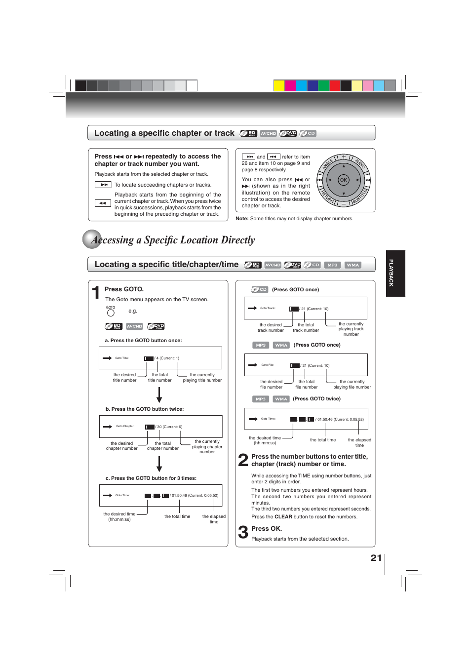 Accessing a specifi c location directly, Locating a specifi c chapter or track, Locating a specifi c title/chapter/time | Toshiba BDX3000KU User Manual | Page 21 / 64