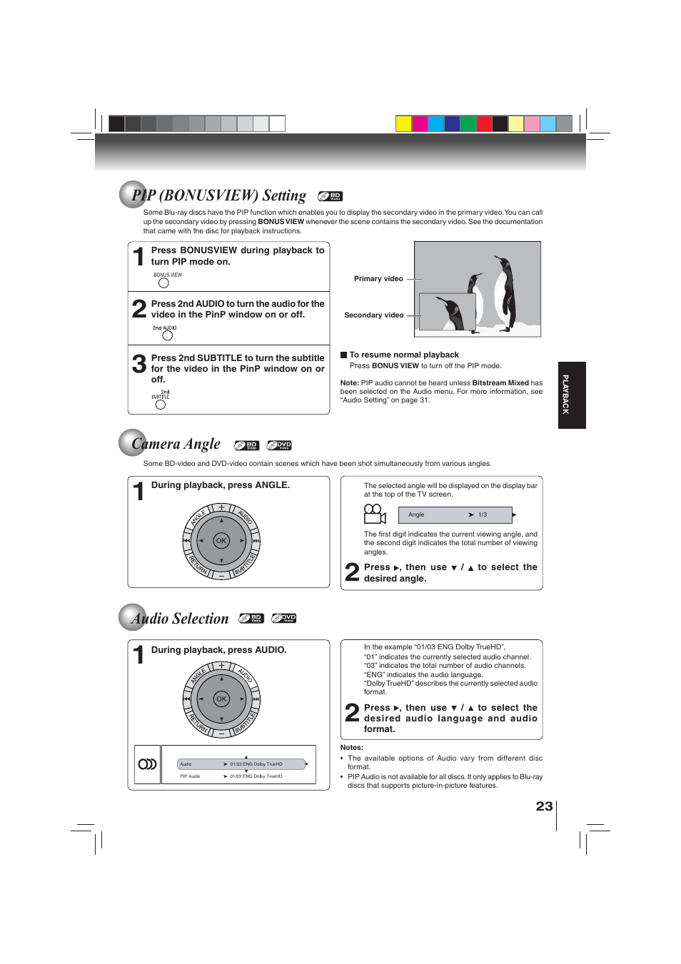 Pip (bonusview) setting, Camera angle audio selection | Toshiba BDX3000KU User Manual | Page 23 / 64