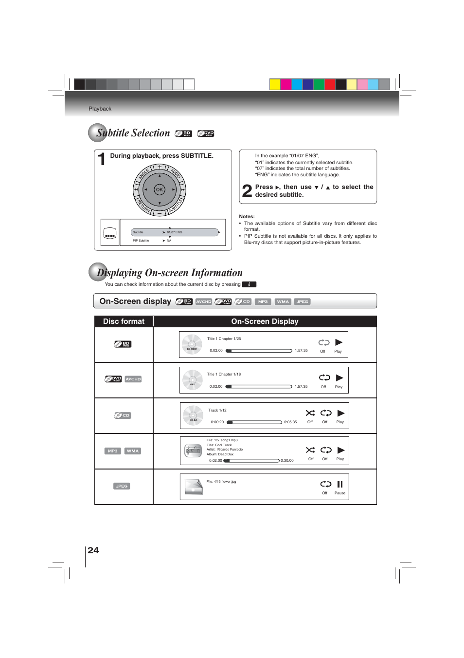 Displaying on-screen information, Subtitle selection, On-screen display | Disc format on-screen display | Toshiba BDX3000KU User Manual | Page 24 / 64